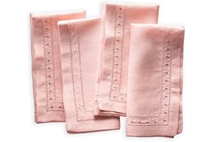 O'LUCIO AUTHENTIQUE HOME Linen Napkins Cloth - Pink 45 x 45 cm, Set of 4 Linen Hemstitched Dinner Napkins with Embroidered Swiss Dot - Machine Washable, French Flax Natural Fabric for Easter, Spring, Summer