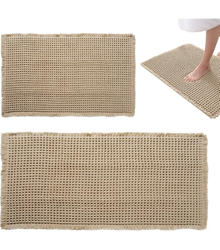 Tapis De Bain Antidérapant Ultra Doux Gaufres Avec Glands - Super Absorbant Lavable En Machine Marron 46 X 77 Cm