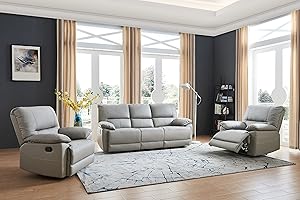 SC Furniture Ltd Grey Genuine Real Leather Manual Reclining 3 Seater Sofa + 2 Manual Recliner Armchairs Suite OREGON (3+1+1)