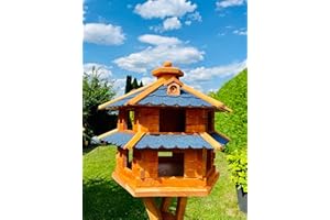 DARLUX Vogelvilla wetterfest von L bis XL Futterhaus Vogelhaus mit oder ohne Ständer in Braun mit Rot, Grün oder Blau für Garten und Balkon (Größe L ohne Ständer, Blau - Braun)