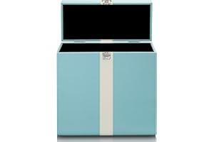 Lenco Classic Phono TTA-300 Mallette de rangement pour 30 disques vinyles avec poignée de transport et boucle en métal Doublure de protection en velours Bleu/blanc