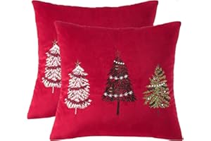 Tosleo Czerwona aksamitna poszewka na poduszkę z motywem choinki, 45 x 45 cm, zestaw 2 dekoracji na przyjęcie bożonarodzeniowe, zimowe wakacje, miękka poszewka na poduszkę, na sofę, kanapę, łóżko, do