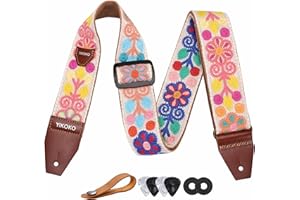 YIKOKO Guitar Strap 2 inch Cotton Guitar Straps with Full Grain Leather End, for Bass Electric and Acoustic Guitars