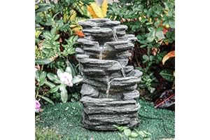 BTGGG Garden Water Feature Decorate Cascading Tiered Water Fountain Pump Waterfall with LED Lights Indoor/Outdoor, Winding Rockery Waterfall, Grey