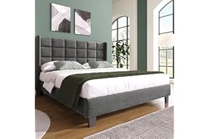 ‎MERAX Polsterbetten 140x200 mit Lattenrost Rückenlehne，Hautfreundliche Leinenmaterial, Grau, Bett Einzelbett Jugendbett(Ohne Matratze)