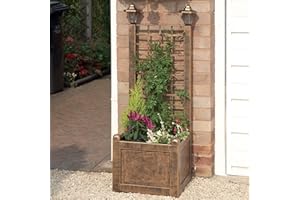 Greenhurst Plastic Garden Trellis Outdoor Planter with Two Solar Lights in Antique Bronze Finish.