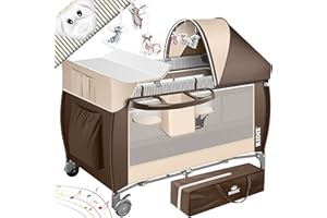 KIDIZ® Łóżeczko dziecięce 3 w 1, turystyczne, zestaw kombi, łóżeczko z przewijakiem, moskitiera, kojec, do 15 kg, przewiewne ściany boczne z wejściem bocznym, składana torba transportowa, brązowy