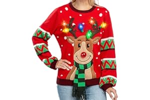 JOYIN Pull Moche de Noel Femme, Pull Noel Famille Lumineux LED Pull Noël Moche Drole Hiver Chaud Col Rond Renne Sweat Clignotant Manche Longue Outwear Rouge Noir Bleu