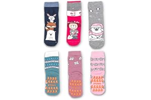 PRISCO Calze Antiscivolo Neonato Calzini Neonata 0-2 Anni Primi Passi Suola con Gomma Cotone Spugna Corti Fantasia Maschio o Femmina 0-24 Mesi 6 Paia