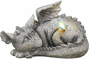 TERESA'S COLLECTIONS Estatua de Dragón Acostado Estatua de Jardín Luces LED Solares para Jardín, Lámpara LED Solar 14.5cm Estatua de Jardín Al Aire Libre para Borde de Jardín