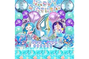 SYLPHLIKEONIRIC Meerjungfrau Geburtstag Deko 4 Jahre, Meerjungfrauen Geschirr Pappteller Geburtstag Party Set, Meerjungfrau Servietten Luftballons Banner Tasse Tischdecke Stroh (Meerjungfrau Deko 4 Jahre Mädchen)