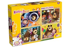 LISCIANIGIOCHI Lisciani - MASHA Y EL OSO Puzzle MaxiFloor - 4 x 48 Piezas - Para Niños desde 4 Años - 25x35cm - 4 Puzzles Masha and the Bear con Doble Cara para Colorear - Desarrolla Reflexión y Destreza