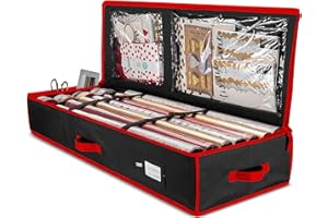 VERAHAUS Wrapping Paper Storage, 600D Oxford Fabric Wrapping Paper Storage for Wrapping Paper Box, Holds Up to 20 Rolls with 2 Clear Vinyl Pockets, Red (14"x40"x6")