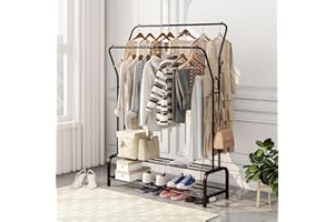 JURMERRY Metal Clothes Rail Double Pole Coat Rack Freestanding Garment Rack Hanger With 2-Tier Lower Storage Shelf for Bedroom Home Office Indoor, Black