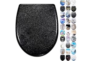 Fanmitrk WC Sitz mit Absenkautomatik, Toilettendeckel Schwarz, Klodeckel aus Duroplast, Klobrille mit Quick Release Funktion, Toilettensitz Befestigung von oben (UF0111)