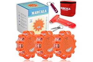 Marcala LED Road Flares Emergency Lights | 3-Pack Roadside Safety Disc Kit w/Whistle | DOT Compliant Emergency Flares for Car w/Batteries Installed | Roadside Emergency Car Kit with Flares