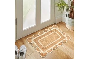 The Home Talk Scalloped Jute Rectangular Rug - Natural Fiber Scallop Rug Rustic Vintage Braided Handwoven Indoor Carpet for Entryway/Kitchen/Frontdoor (Natural & White, 60 x 90 cm)