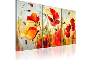 murando handgemalte Bilder Blumen Mohn 120x80 cm Gemälde 3 tlg Acrylgemälde Wandbild Leinwand Bild Moderne Kunst Kunstbilder Malerei Unikat Kunstwerk Dekoration rot beige 22035