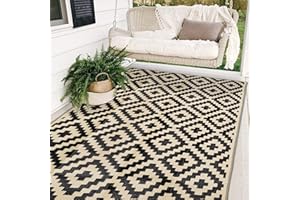 SAND MINE Reversible Mats, Plastic Straw Rug, Modern Area Rug, Large Floor Mat and Rug for Outdoors, RV, Patio, Backyard, Deck, Picnic, Beach, Trailer, Camping, Black & Beige, 5' x 8'