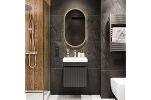 Planetmöbel Cosmia Juego de muebles de baño con armario 50x60x35 cm, antracita, espejo iluminado 50 cm, grifo dorado, lavabo cerámico con cajón