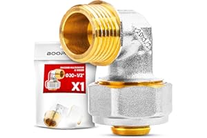 BOOPARTS – 1 Pezzo – Gomito a Compressione Multistrato Ø20-1/2"M | Raccordo 90° Filetto Maschio 1/2" a Vite | Per Tubo PEX-AL-PEX 20mm Senza Pressatrice