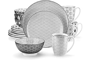 ‎VANCASSO vancasso Haruka 16-teilig Porzellan Kombiservice, mit je 4 Speiseteller Ø 26,5 cm, Dessertteller Ø 21,5 cm, Müslischalen Ø 15,2 cm und Kaffeebecher 360 ml