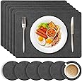 HEFTMAN Dark Grey Placemats and Coasters - Set of 6 Large PU Leather Coasters and Place Mats for Table, Heat Resistant up to 100℃, Stain Resistant Wipe Clean Placemats, 43cm x 30cm