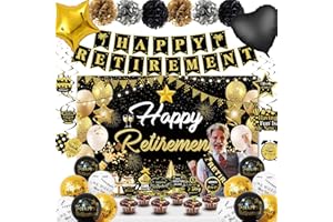 CBODECO Retirement Party Decorations for Men Women, Black Gold Happy Retirement Decorations, Banner, Retired Balloons, Backdrop, Sash, Pompoms, Swirls Hanging Card, Retired Cake Topper Set