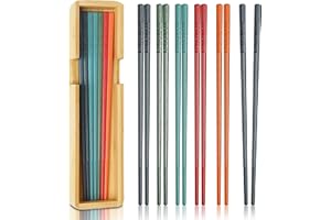 KYONANO Palillos, 5 pares de palillos de fibra de vidrio, palillos coloridos aptos para lavavajillas, palillos de fibra de vidrio reutilizables con estuche de almacenamiento de bambú