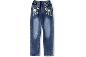 KIDSCOOL SPACE Jeans Ricamati da Bambina,Pantaloni con Fondo in Denim Elasticizzato in Vita da Bambina