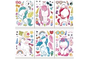 JUUFLA 24 Stück Einhorn Gesicht DIY Aufkleber für Kinder, Party Tasche Füllstoffe Geschenkset für Mädchen Jungen, Aufkleber Blätter Geburtstag Dekorationen Supplies