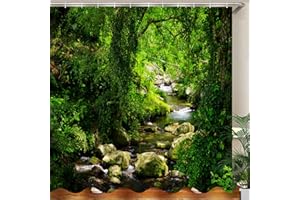 JOOCAR Shower Curtain, Green Nature Forest Jungle Tropical Rainforest Woodland Stream Flowing Mossy Rocks Summer Landscape Scenery, Waterproof Cloth Fabric Bathroom Decor Set with Hooks, 183x183 cm