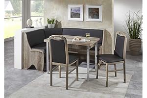 HOWE-Deko Truhen-Eckbankgruppe, Monument Eiche Dekor BZW. Buche massiv farbig gebeizt; Eckbank, 2 Stühle und Vierfußtisch; Bezug: Kunstleder PU dunkelgrau; variabel aufbaubar