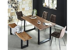‎SAM SAM 6 TLG. Essgruppe Esra, Baumkantentisch 140x80 cm & -Bank 140x40 cm, Akazie-Holz Cognacfarben, Gestell schwarz, 4X Schalenstuhl ULF braun