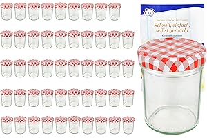 MamboCat Lot de 50 bocaux en verre, pots à confiture, avec couvercles à carreaux rouges et blancs, TO66, 230 ml, avec livret de recettes de la marque de sucre gélifiant Diamant (version allemande)