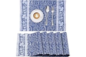 JEMIDI Podkładki z nadrukiem kwiatowym, zestaw 6 szt., niebieskie - 100% bawełna, trwałe 180 g/m² - maty na stół obiadowy - certyfikat Öko-Tex, można prać w pralce, duża tkanina, mata na stół do