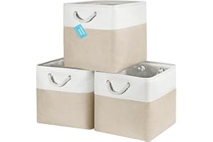 OrganiHaus Aufbewahrungsbox 33x33cm 3er-Set, Würfelkörbe aus Stoff mit Seilgriffen, Faltbare Aufbewahrungswürfel für Kallax Organizer, Ablagekörbe für das Kinderzimmer Beige/Weiß