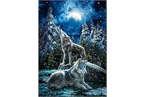 MXJSUA Broderie diamant kit complet，Peinturepar numéro，Peinture en Diamant 5D DIY, loup au clair de lune et livre DIY Broderie Point de Croix Strass Collé DIY Peinture 30x40cm