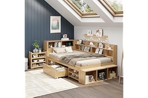 ‎MERAX Merax Kinderbett 90x200 cm mit Stauraum, Einzelbett Funktionsbett Jugendbett mit Schubladen, Stauschrank, Bücherregal, Nachttisch, kabelloser Ladefunktion, Holzfarbe/254x109x91cm