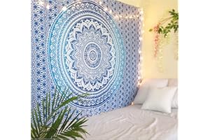 THE ART BOX Ombre Mandala Wandbehang Hippie Wandteppiche Blau - 135x160 cm Dekorativer Indie Baumwolle Boho Home Wandtuch Psychedelischer Tapestries für Wohnzimmer