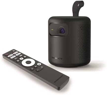 Thomson Vega PG35B Proiettore LED Smart Portatile, Full HD 1080p, Google TV, 350 ANSI, Auto Focus, Correzione Trapezoidale, HDR10, Dolby Digital+, WiFi, Bluetooth, Batteria, Custodia Rigida Inclusa