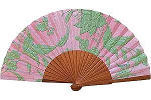 Tusitala Barcelona - Abanico Charo - Abanico Español de Madera y Algodón - Complemento de moda hecho a mano - Funda de Yute Natural Incluida - Regalo Original - 23 cm.
