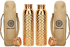FURNISHFUL FINESSE Butelka na wodę z czystej miedzi, 1000 ml, korzyści ajurwedyjskie, miedziana butelka z torbą na wodę pitną, szczelna, duża, miedziana butelka, zestaw 2 miedzianych naczyń na wodę, do podróży, siłowni,