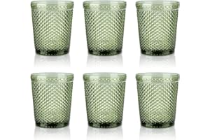 Joeyan Set de 6 Copas Verde de Agua Vintage, 300ml Vasos de Agua Colorida Elegantes, Copas de Vidrio con Relieve Cristaleria para Bar Restaurante en Casa, Apto para Lavavajillas