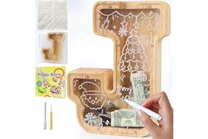 Lakpopya Spardose für Kinder Jungen Mädchen Sparschwein Kinder Spardose Personalisiert Durchsichtig Spardose Buchstabe Holz A-Z mit Zielbereich & Aufkleber & Marker, Taufe Geschenk Dekoration (J)