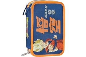 FRANCO COSIMO PANINI Dragon Ball Super - Estuche escolar oficial Dragon Ball, estuche con 3 compartimentos para niño y niña con juego de papelería, bolígrafo borrable azul y práctico cierre de cremallera, 20 x 13 x 7 cm,