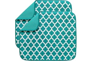 BW&HM Microfibre Dish Drying Mats for Kitchen Super Absorbent Dish Drainer Mat for Kitchen Countertop Tabletop 40cm x 46 cm 2 Pack Teal Trellis