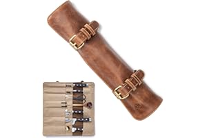 Angus Stoke Bolsa de cuchillos de piel de búfalo, 14 compartimentos, rollo de cuchillos de cuero para cocineros, bolsa de cocina dúplex grande, Marrón, Bolsa para cuchillos con ruedas