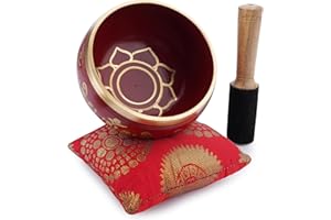 Ajuny Cuenco budista tibetano para cantar, chakra floral, sonido de meditacion de campana OM roja, 4 pulgadas de diametro para accesorios de relajacion y meditacion, palo y cojin incluidos