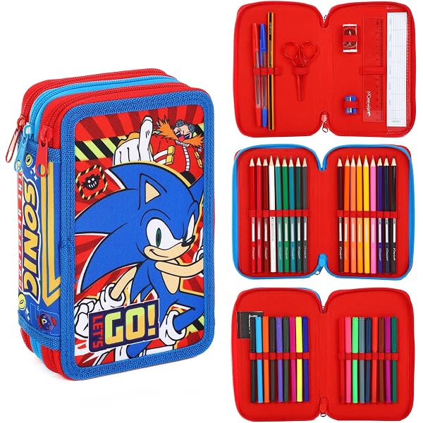 TROUSSE SCOLAIRE TRIPLE SUPER MARIO - 3 Compartiments Zippés Pour Enfants Et Ados, 22 X 3 X 12 Cm, Bleu Foncé/Rouge - 8
